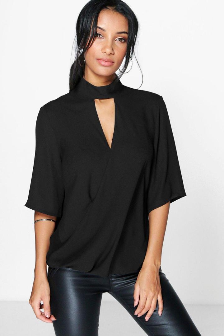 Boohoo Maya High Neck Cut Out Choker Wrap Front Blouse Black