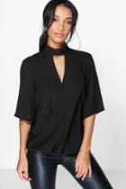 Boohoo Maya High Neck Cut Out Choker Wrap Front Blouse Black