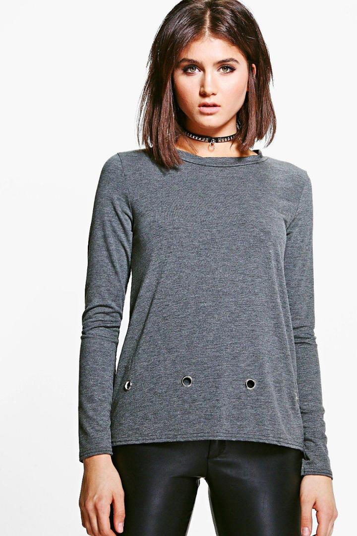 Boohoo Elizabeth Eyelet Detail Trim Long Sleeve Top Charcoal