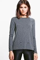 Boohoo Elizabeth Eyelet Detail Trim Long Sleeve Top Charcoal
