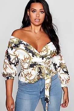 Boohoo Plus Chain Print Off The Shoulder Wrap Top