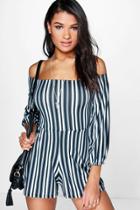 Boohoo Laura Striped Off The Shoulder Playsuit Black