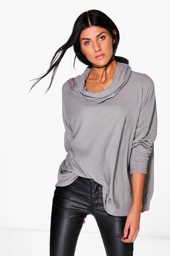 Boohoo Rachel Cowl Neck Fine Knit Jumper Grey