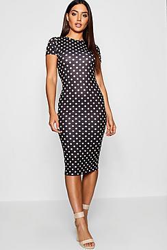 Boohoo Stone Polka Dot Bodycon Midi Dress