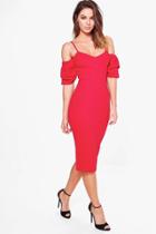 Boohoo Flora Strappy Ruffle Sleeve Midi Bodycon Dress Red