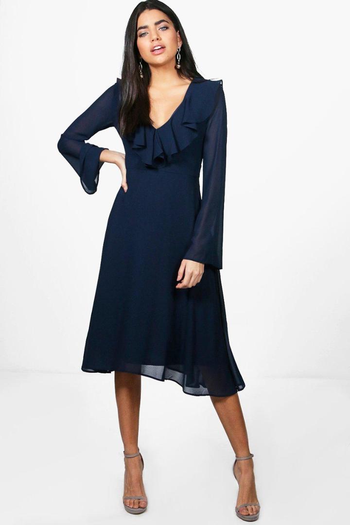 Boohoo Eldora Chiffon Frill Flare Sleeve Midi Dress Navy