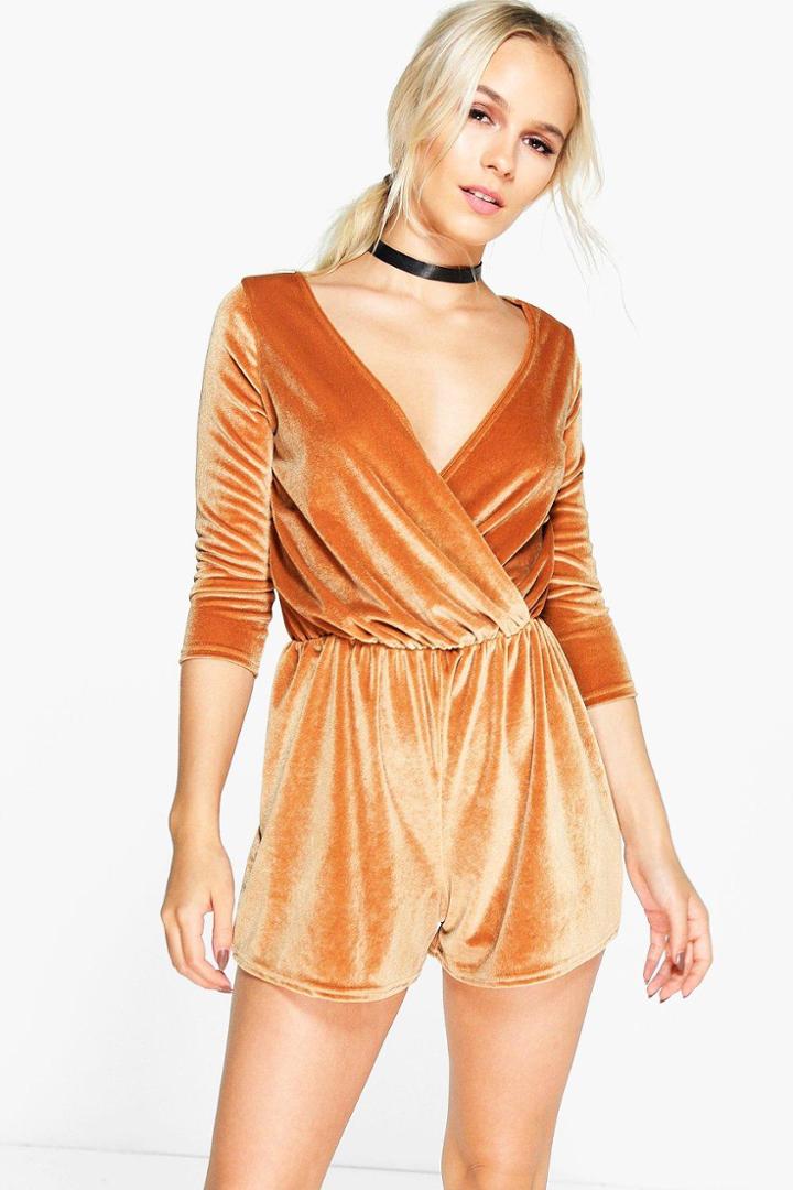 Boohoo Petite Georgia Velvet Wrap Front Playsuit Cinnamon