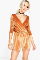 Boohoo Petite Georgia Velvet Wrap Front Playsuit Cinnamon