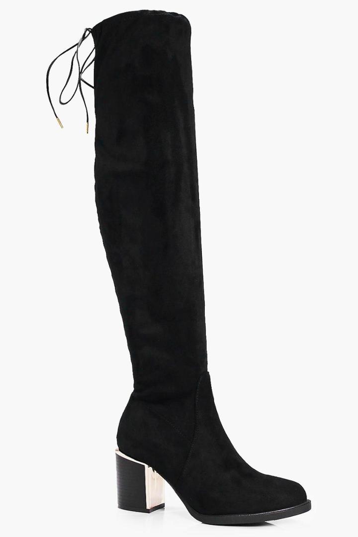 Boohoo Zoe Stretch Over The Knee Boot With Gold Trim Black