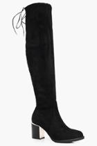 Boohoo Zoe Stretch Over The Knee Boot With Gold Trim Black