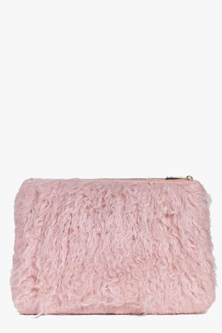 Boohoo Skye Mongolian Faux Fur Clutch Bag Blush