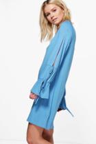 Boohoo Jenny Split Sleeve Tie Shift Dress Bluebell