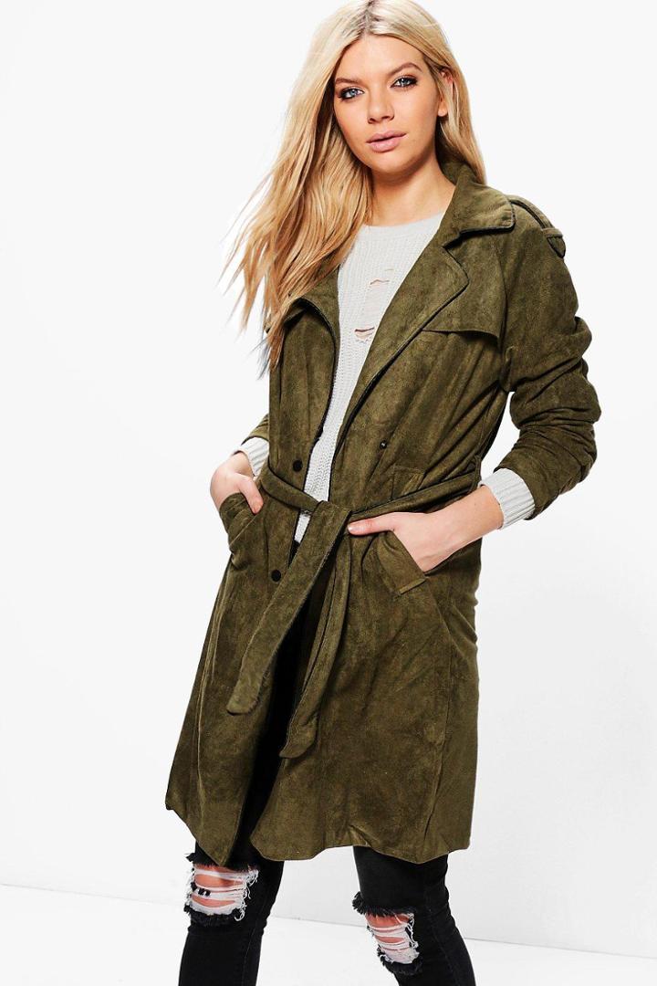 Boohoo Amber Suedette Belted Trench Khaki