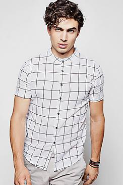 Boohoo Short Sleeve Check Grandad Collar Shirt