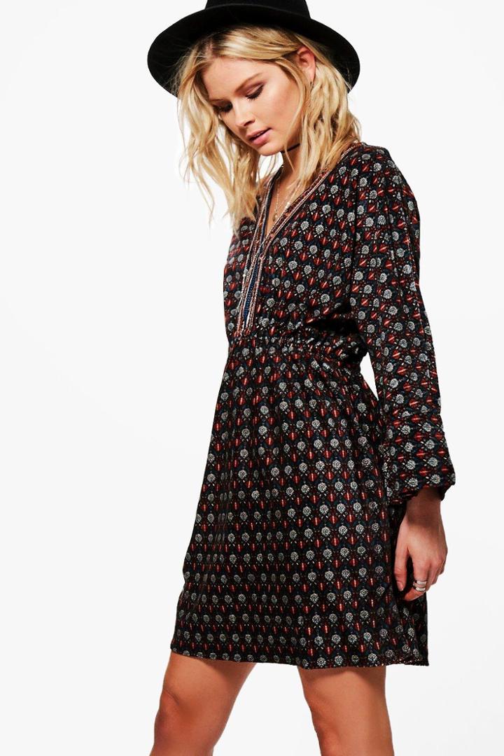 Boohoo Becca Embroidered Trim Printed Shift Dress Orange