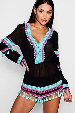 Boohoo Megan Pom Pom Tassel Beach Playsuit