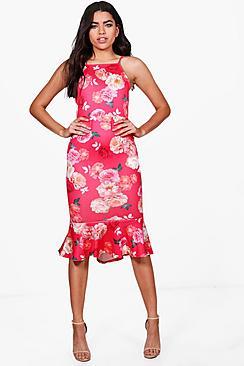 Boohoo Eliza Floral Print Frill Hem Dress