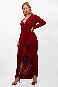 Boohoo Plus Wrap Ruffle Midi Dress