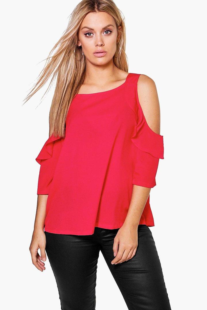 Boohoo Plus Ella Ruffle Cold Shoulder Top Red