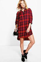 Boohoo Nancy Red Check Dip Back Shirt Dress