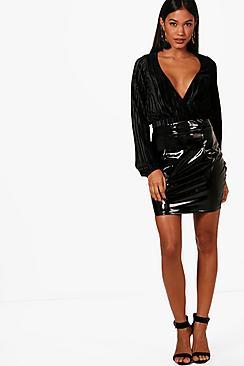 Boohoo Slouchy Wrap Front Long Sleeve Velvet Crop