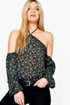 Boohoo Clara Ditsy Floral Cold Shoulder Halterneck Top Black