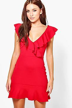 Boohoo Sophia Frill Wrap & Hem Bodycon Dress