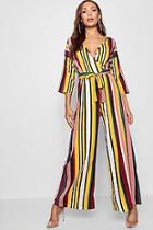 Boohoo Kayla Multi Stripe Wrap Jumpsuit