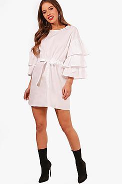 Boohoo Petite Gathered Waist Ruffle Sleeve Shirt Dress