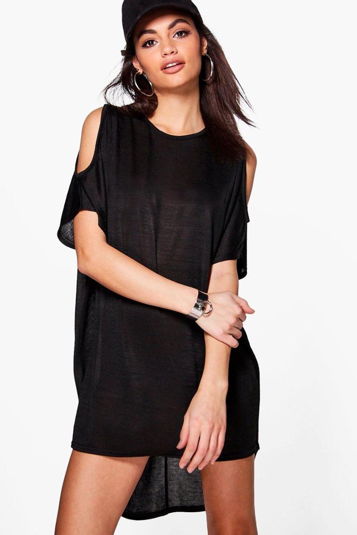 Boohoo Rachel Cross Back Cold Shoulder Knitted Dress Black