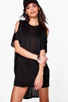 Boohoo Rachel Cross Back Cold Shoulder Knitted Dress Black