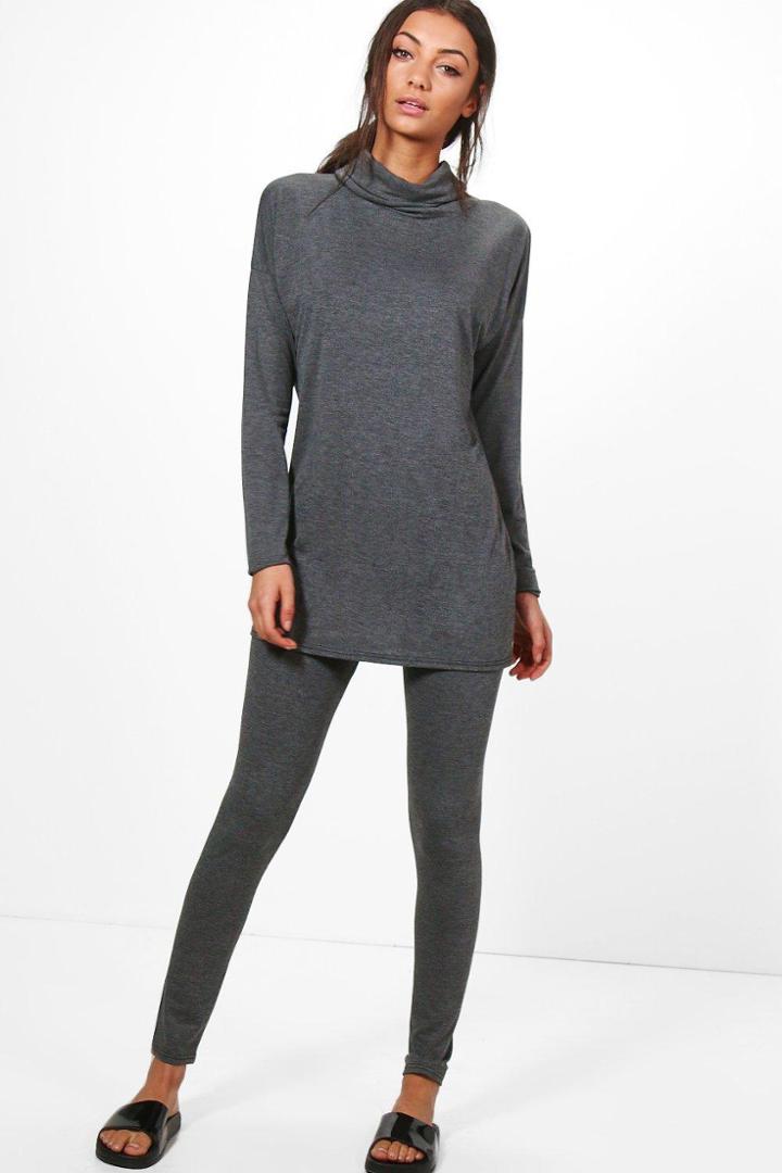 Boohoo Tall Edana Roll Neck And Legging Lounge Set Charcoal