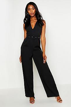 Boohoo Self Belt V Neck Wide Leg Jumpsuit
