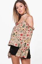 Boohoo Petite Fifi Floral Print Open Shoulder Woven Top