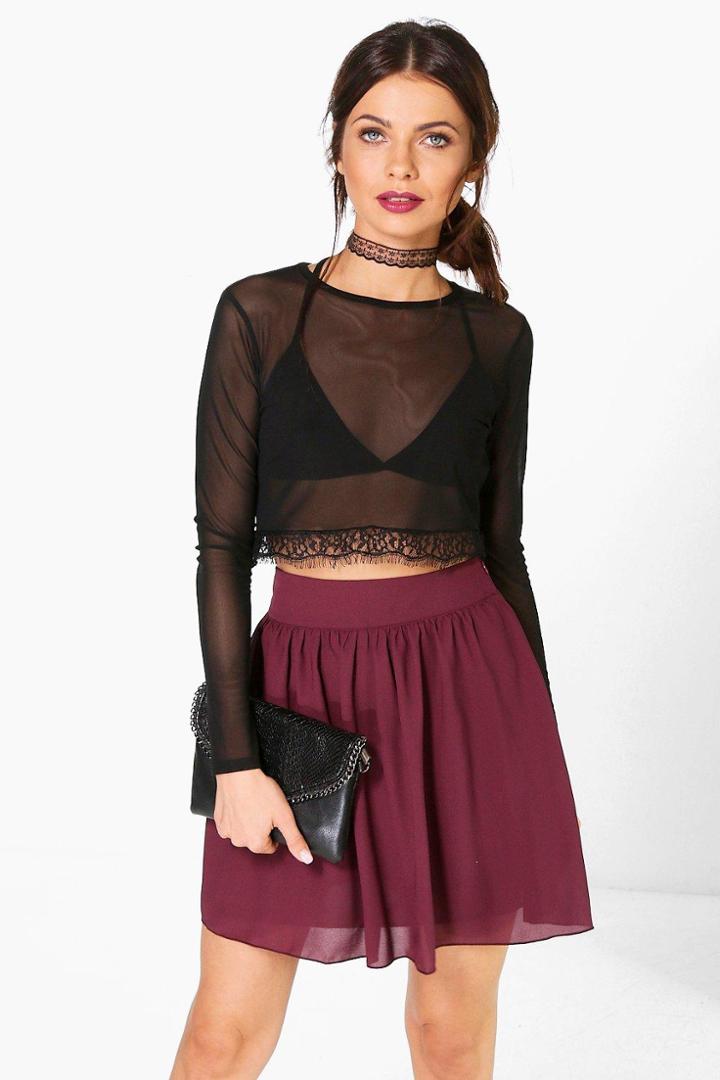 Boohoo Sari Chiffon Skater Mini Skirt Merlot