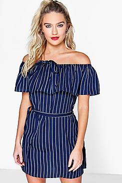 Boohoo Daria Pinstripe Off The Shoulder Dress