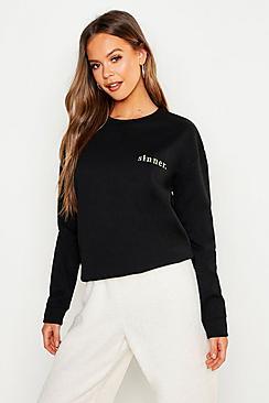 Boohoo Sinner Embroidered Slogan Boyfriend Sweat