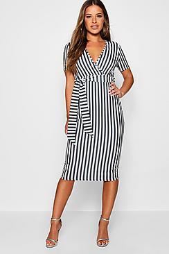 Boohoo Petite Stripe Wrap Tie Midi Dress