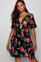 Boohoo Plus Sadie Palm Printed Tie Front Skater Dress