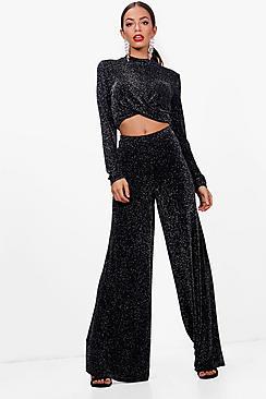 Boohoo Kylie Metallic Crop And Wide Leg Trouser Set