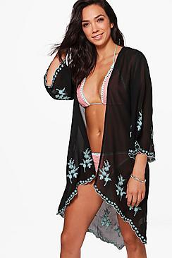 Boohoo Maisie Boutique Neon Embroidered Beach Kimono