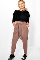 Boohoo Plus Jenni Bow Tie Waist Pleat Front Trouser Mocha