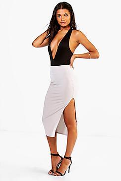 Boohoo Aurora Ribbed Side Split Midi Skirt