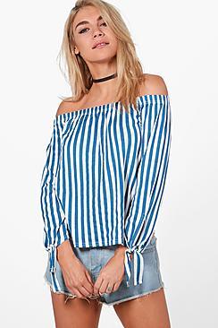 Boohoo Julia Tie Bardot Stripe Top