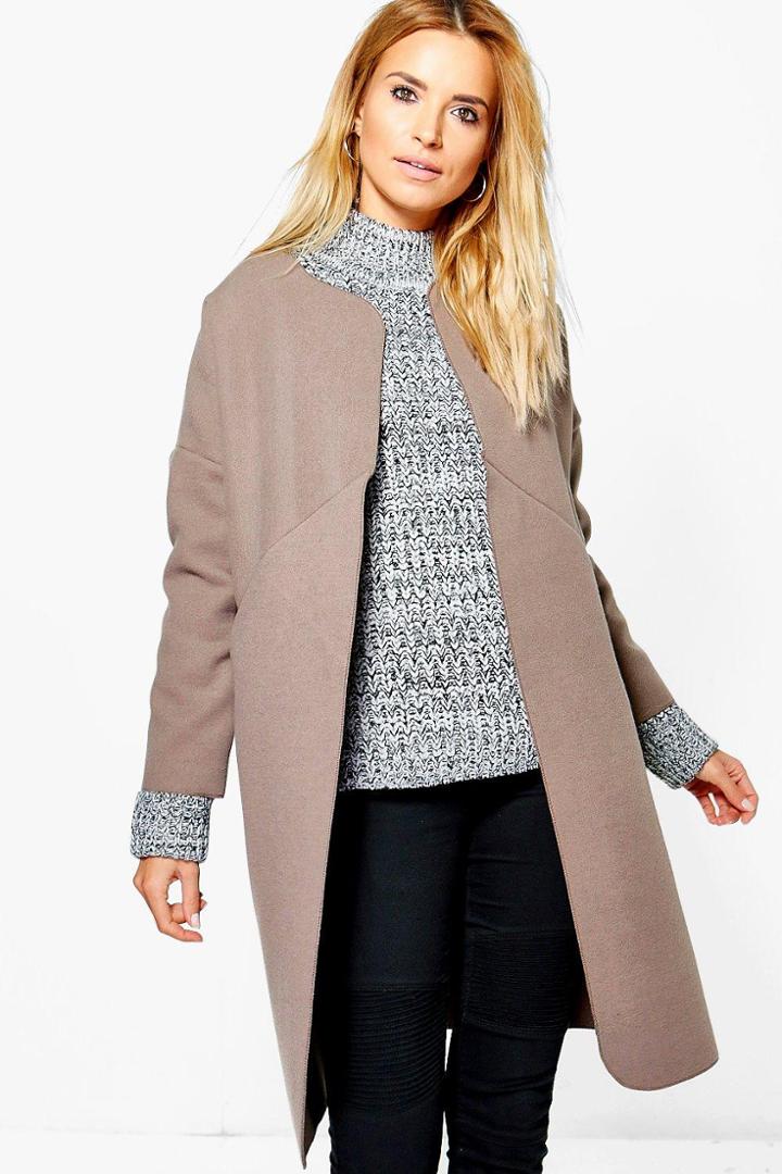 Boohoo Holly Collarless Wool Look Coat Mocha