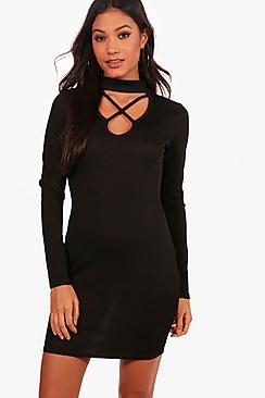 Boohoo Ana High Neck Strappy Ribbed Bodycon Dress
