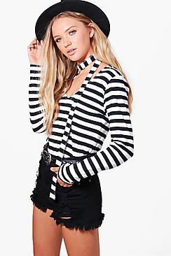 Boohoo Eva Stripped Neck Tie Jersey Top