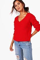 Boohoo Petite Teri Ruched Sleeve V Neck Jumper