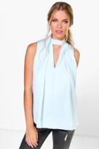 Boohoo Eva Cut Out Pleat Front Woven Swing Top Sky
