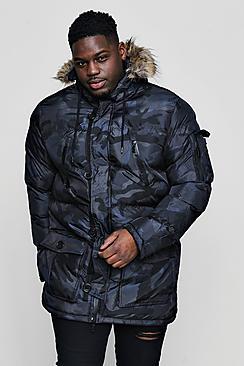 Boohoo Big And Tall Black Camo Padded Parka With Faux Fur Hood